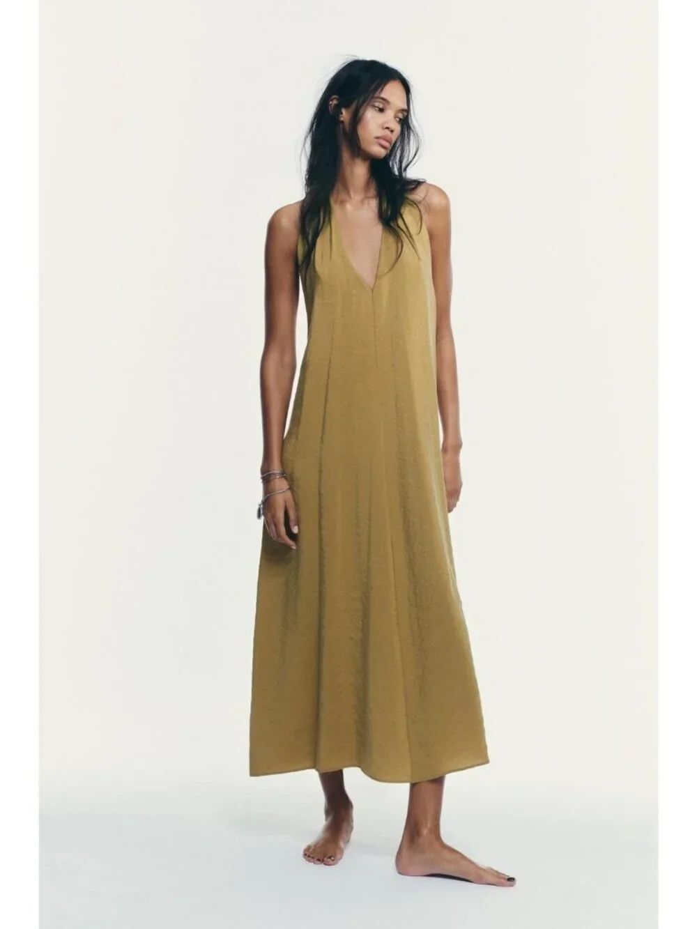 Zara Womens Flowy Halterneck Midi Dress XXL Olive Green Tie V-Neck 3152/229 NWT